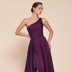 NEW FORMAL A-LINE LONG SOFT SATIN DRESS W/ ONE SHOULDER NECK & LEG SLIT 7450